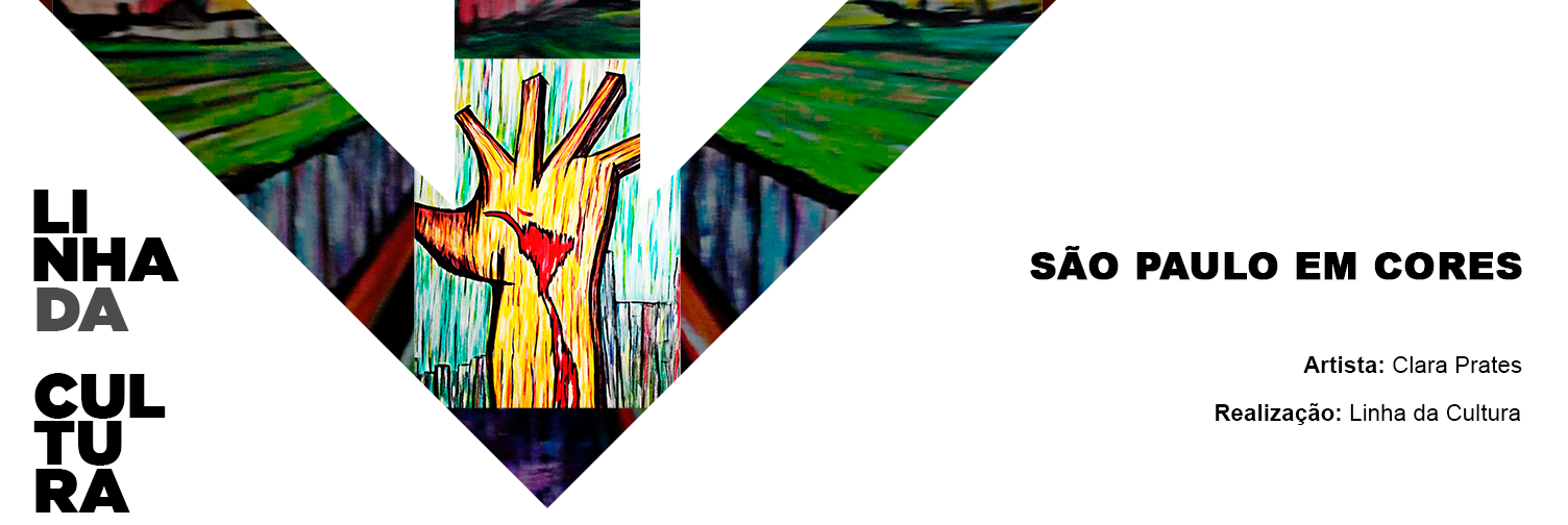 Sobre fundo branco, dispostas na vertical no canto inferior esquerdo “LINHA DA CULTURA” em letras garrafais na cor preta exceto a palavra “DA” em cinza. Ao lado, uma grande seta apontada para baixo, parte do logotipo do Metrô, preenchida por ilustração de obra “Mão” de Oscar Niemeyer, mão amarela com a América Latina pintada em vermelho. À direita da imagem “SÃO PAULO EM CORES”. Abaixo, “Artista: Clara Prates; Realização: Linha da Cultura”.