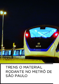 Fotografia. Trem metropolitano nos trilhos à noite. Abaixo “TRENS: O MATERIAL RODANTE NO METRÔ DE SÃO PAULO”