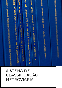 Fotografia. Lombada de livros azuis. Abaixo “SISTEMA DE CLASSIFICAÇÃO METROVIÁRIA”.