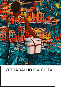 Pintura. Menino de costas carregando isopor indo em direção a favela. Abaixo, “O TRABALHO E A CHITA”.