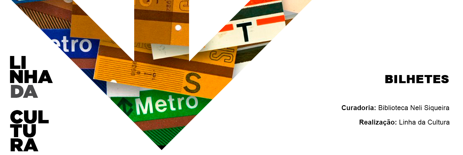 Sobre fundo branco, dispostas na vertical no canto inferior esquerdo “LINHA DA CULTURA” em letras garrafais na cor preta exceto a palavra “DA” em cinza. Ao lado, uma grande seta apontada para baixo, parte do logotipo do Metrô, preenchida por ilustração de bilhetes de metrô espalhados. À direita da imagem “BILHETES”. Abaixo, “Curadoria: Biblioteca Neli Siqueira; Realização: Linha da Cultura”.