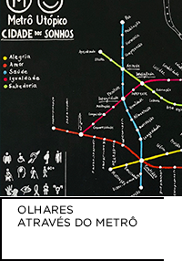 Ilustração. Linhas do metrô colorida em fundo preto. Abaixo, “OLHARES ATRAVÉS DO METRÔ”.