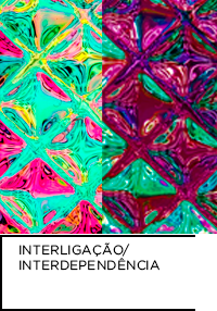 Ilustração Digital. Abstrato com roxo, rosa verde e amarelo. Abaixo, “INTERLIGAÇÃO/INTERDEPENDÊNCIA”.