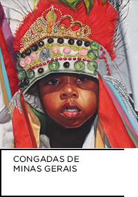 Pintura a óleo sobre linho. Retrato de criança negra com trajes que representam a manifestação cultural do Congado.
