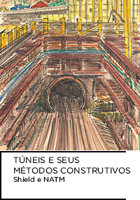 Desenho. Imagem de túnel feito de marcador e caneta nanquim. Abaixo “TÚNEIS E SEUS MÉTODOS CONSTRUTIVOS Shield e NATM”.