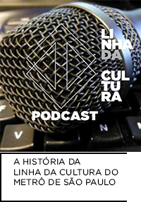 Fotografia. Imagem de microfone, à frente logo da linha da cultura. Abaixo “A HISTÓRIA DA LINHA DA CULTURA DO METRÔ DE SÃO PAULO”.