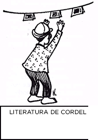 XIlogravura. Sobre fundo branco, um homem tenta alcançar um folheto pendurado em um cordel. Abaixo “LITERATURA DE CORDEL”.