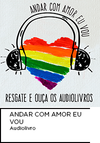Imagem de um coração preenchido na diagonal com as cores da bandeira LGBT com headphones ilustrado em preto. Abaixo “ANDAR COM AMOR EU VOU audiolivros”.