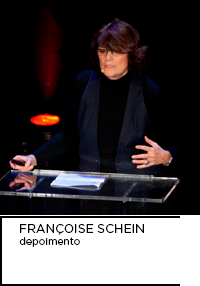Fotografia. A artista Françoise Schein em um look todo preto. Abaixo “FRANÇOISE SCHEIN depoimento”.