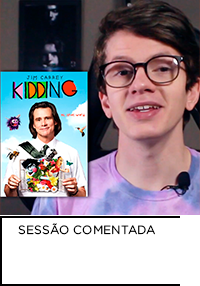 Imagem de youtuber Caio de Aquino ao lado de poster de Kidding. Abaixo “KIDDING; SESSÃO COMENTADA”.