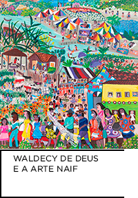 Pintura colorida de Waldecy de Deus. Pessoas em festa de rua. Abaixo “WALDECY DE DEUS E A ARTE NAIF”.
