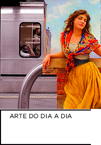 Pintura de mulher a direita e fotografia do metrô a esquerda. Abaixo “ARTE DO DIA A DIA”.