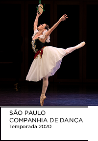 Fotografia. Mulher dançando balé. Abaixo “SÃO PAULO COMPANHIA DE DANÇA Temporada 2020”.