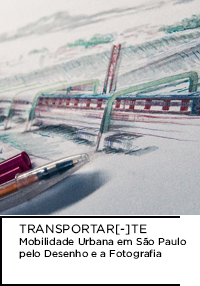 Ilustração. Canetas sobre desenho de trem. Abaixo “TRANSPORTAR(-)TE”.