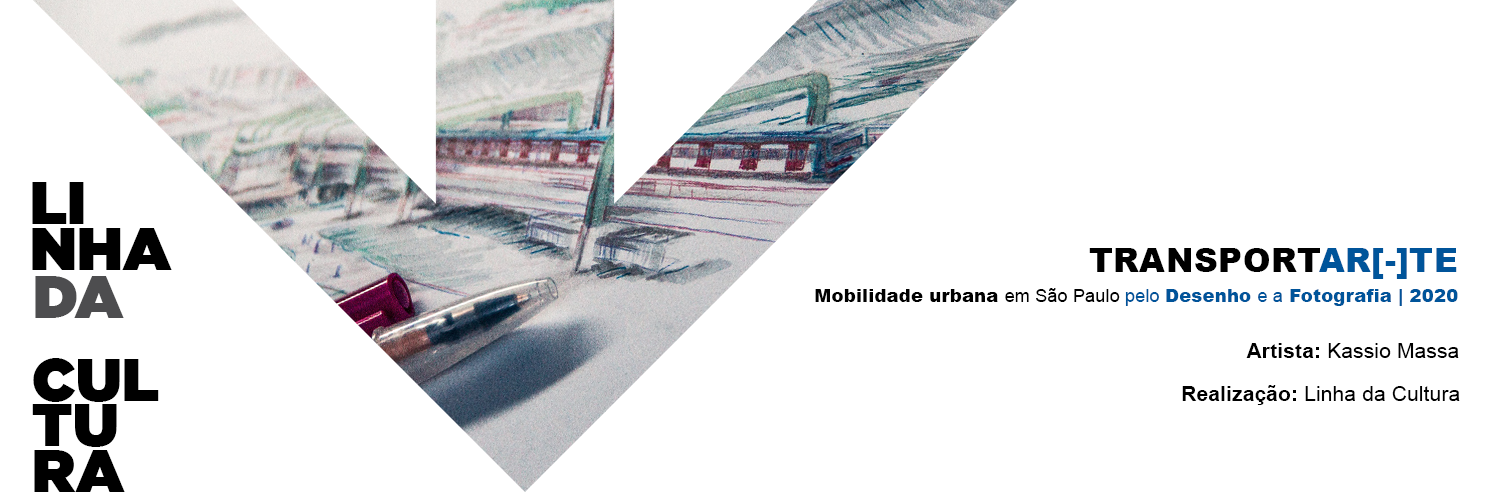 Sobre fundo branco, dispostas na vertical no canto inferior esquerdo “LINHA DA CULTURA” em letras garrafais na cor preta exceto a palavra “DA” em cinza. Ao lado, uma grande seta apontada para baixo, parte do logotipo do Metrô, preenchida por canetas sobre desenho de trem. À direita da imagem “TRANSPORTAR(-)TE Mobilidade urbana em São Paulo pelo desenho e a fotografia 2020”. Abaixo, “Artista: Kassio Massa; Realização: Linha da Cultura”.